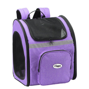 a front image of an orchid colored backpack dog carrier  partially facing right where you can see its front pocket 