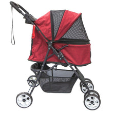 a close up image of a red stroller with black frames and black organizer at the bottom of the stroller