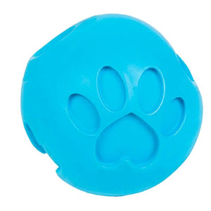 a close up image of a blue dog toy with paw engraved to it 
