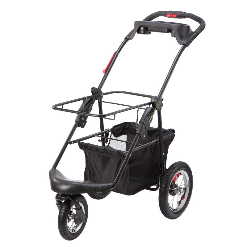 a full view image of a black stroller frame and a black organizer on it and red buttons on the stroller handle