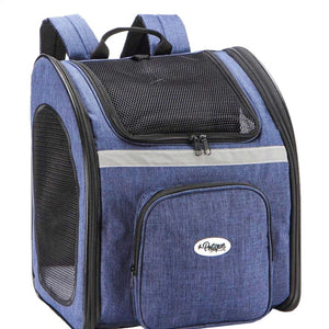 front image of a denim colored dog carrier partially facing right where you can see its front pocket