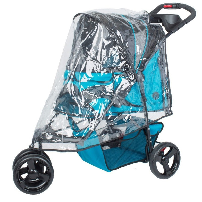 a blue dog stroller with transparent plastic cover on it 