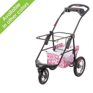 a black stroller frame with a pink camo organizer on it and red buttons on handle bars