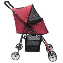 a side view image of a red dog stroller facing right with organizer at the bottom 