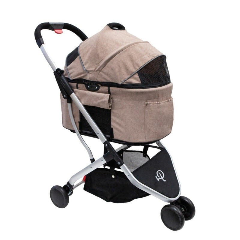 a champagne colored 3 in 1 dog stroller facing right 