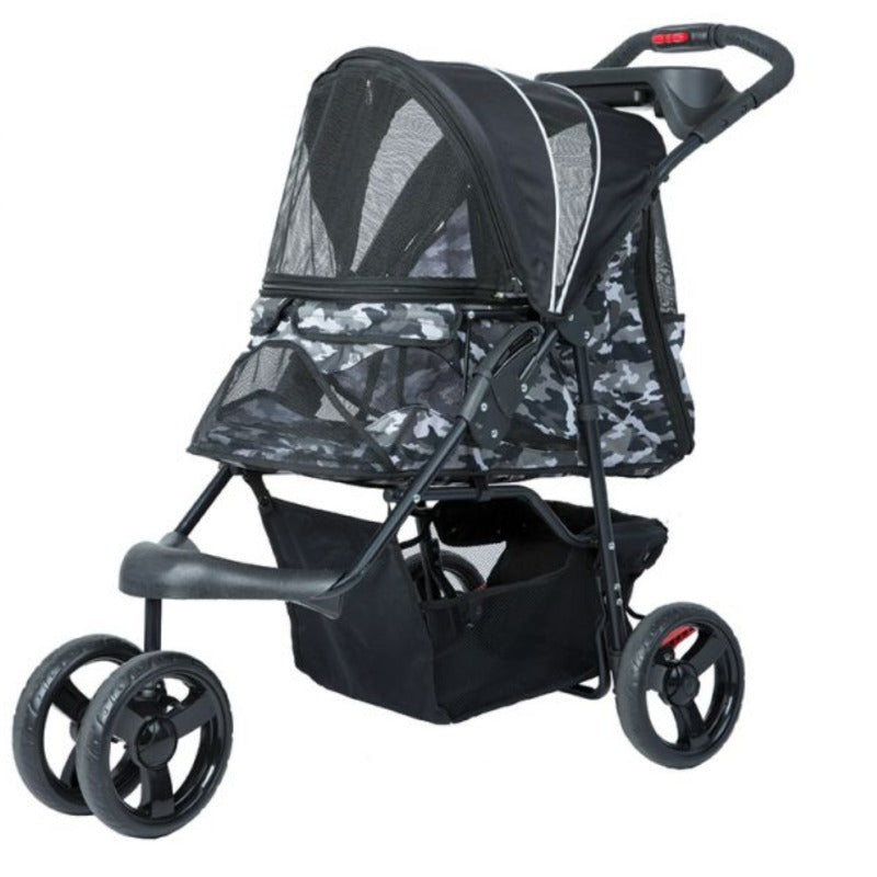 A durable black camo colored dog stroller and a black organizer at the bottom