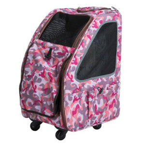 front image of a pink camo dog carrier facing left 