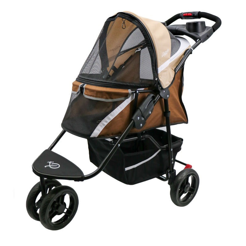 a brown accented dog stroller facing left with black organizer at the bottom