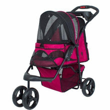 razzberry colored dog stroller facing left with razzberry organizer at the bottom 