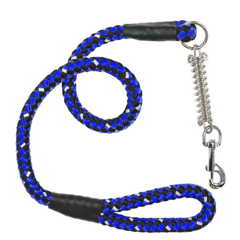 a black and blue dog leash with safety lock at the end 
