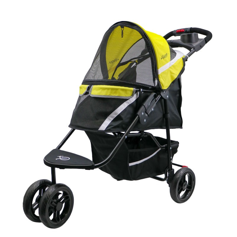 a yellow colored dog stroller facing left with black organizer at the bottom 