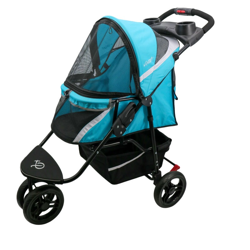 a blue colored dog stroller facing left with black organizers at the bottom