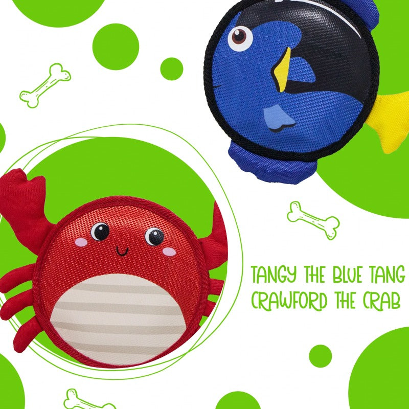 a blue fish and red crab squishy dog toys 