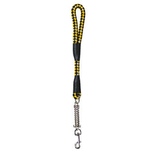 a yellow and black colored leash with safety lock at the end