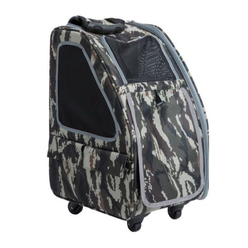 back image of a army camo dog carrier facing right