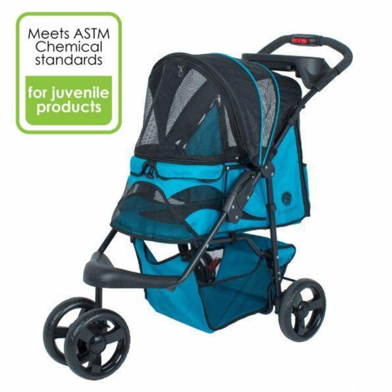 full view image of a blue colored dog stroller and organizer