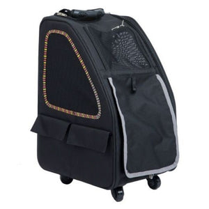 side view image of a black dog carrier with sunset strip highlights near the side pockets facing right 