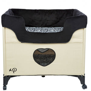 front view image of a  cream bedside dog lounge with zebra prints 