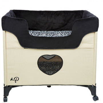 front view image of a  cream bedside dog lounge with zebra prints 