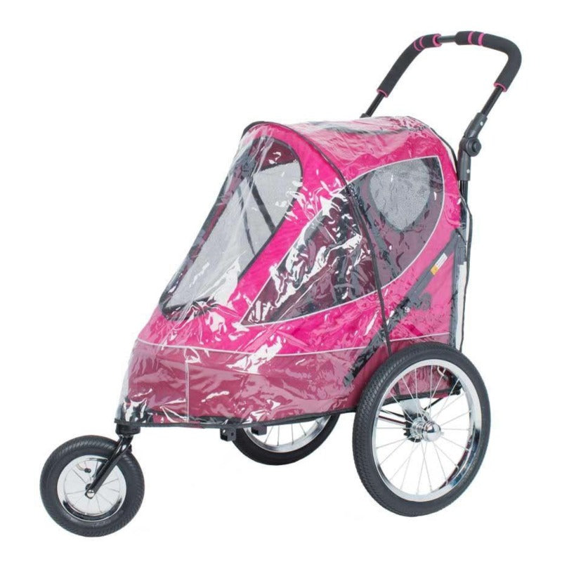 a pink dog stroller with transparent plastic cover on it 
