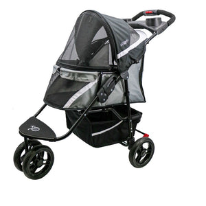 a grey colored do stroller facing left with black organizer at the bottom