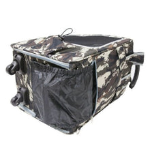 a close up bottom view of an army camo dog carrier where you can see its wheels 