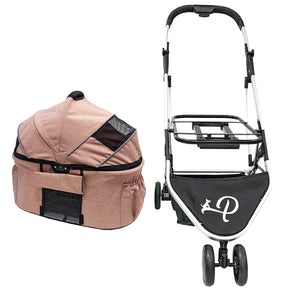 a champagne colored dog carrier next to a steel frame dog stroller 