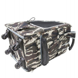 a close up image of a army camo dog carrier laying down showing its wheels 