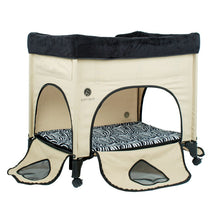 a full view of a cream bedside dog lounge with zebra prints with all it's doors open