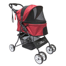 a close up image of a red stroller with black frames and black organizer at the bottom of the stroller facing right