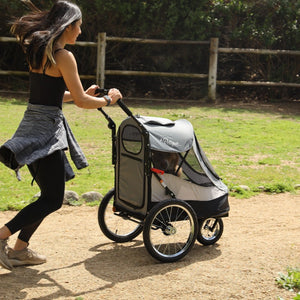 a woman pushing a Dog Jogger Stroller at the park 