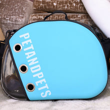 a front image of a mint colored pet sling carrier in front of a stacked couch pillows