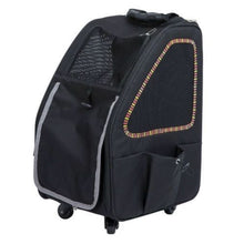 side view image of a black dog carrier with sunset strip highlights near the side pockets facing left