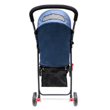 back view on a blue dog stroller where you can see the back wheels and the red break lock and its black handle bars