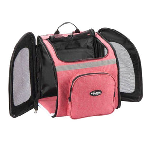 A pink dog carrier open on top lid and both sides 
