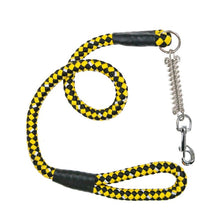 a yellow and black colored leash with safety lock on the end