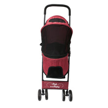 a front image of a red dog stroller and its two front wheels 