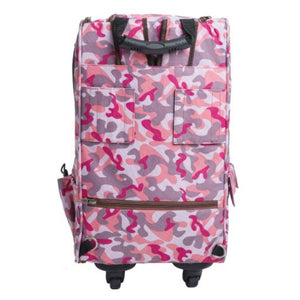 back view image of a pink camo dog carrier
