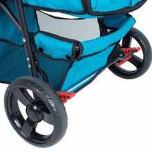 close up view of the back of a blue dog stroller and organizer where you can see the wheels and break locks in red 