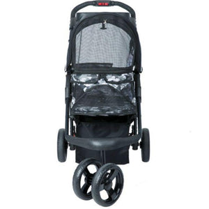 front image of a black camo colored dog stroller 