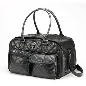 a full view image of a black leather luxury dog carrier with pair of front pockets