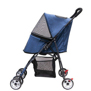 side view image of a bleu dog stroller facing left with organizer at the bottom