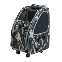 Front image of an army camo dog carrier facing left