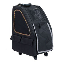 Black dog carrier with sunset strip highlight near the side pockets facing right 