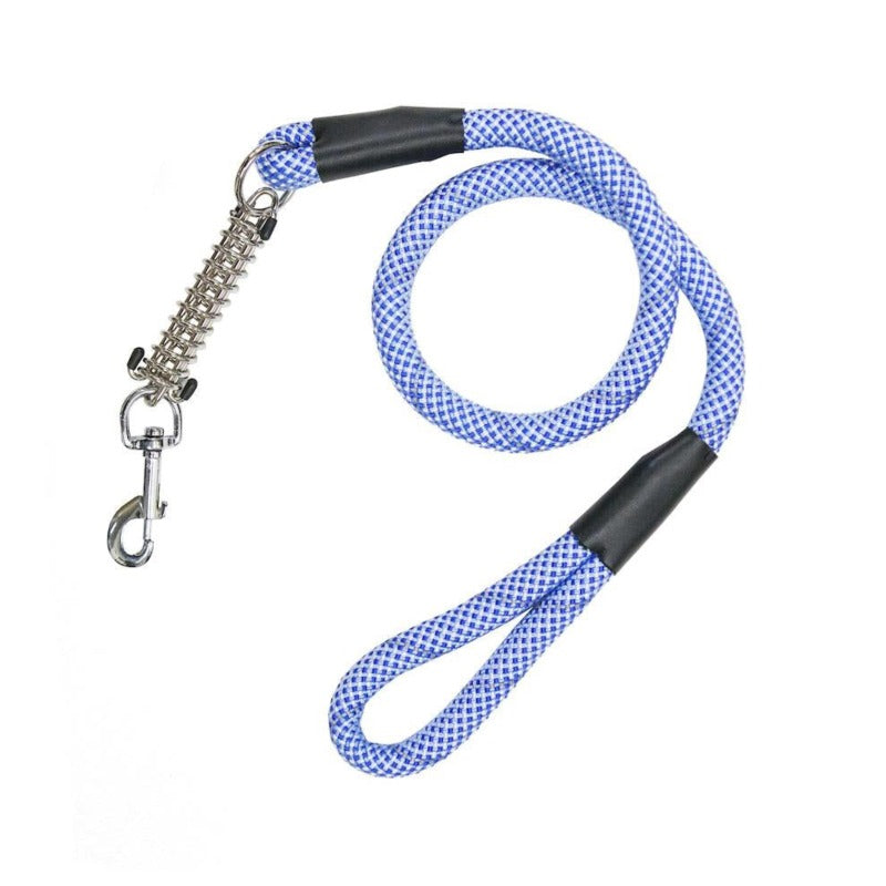 a reflective electric blue colored dog leash with safety lock at the end