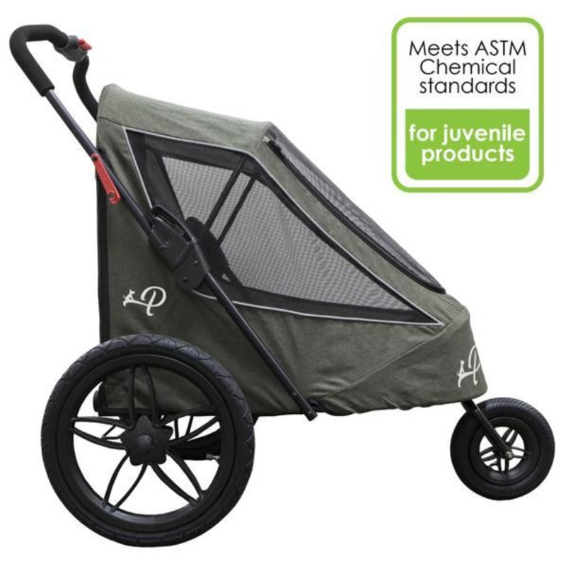 a side view image of a grey sailboats shaped dog stroller facing right 