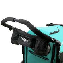 a close up imag eof a Universal Portable Stroller Organizer Tray attached to a blue dog stroller