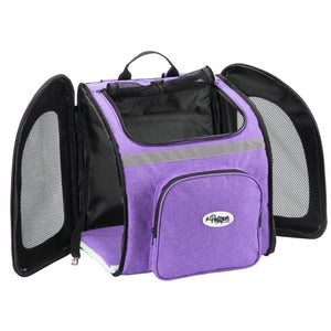 an orchid colored backpack dog carrier with top lid open and both sides 
