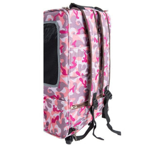 side view image of a pink camo dog carrier 