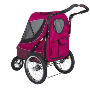 back image of a maroon sailboat pet stroller where you can see the handle bars and the back pockets